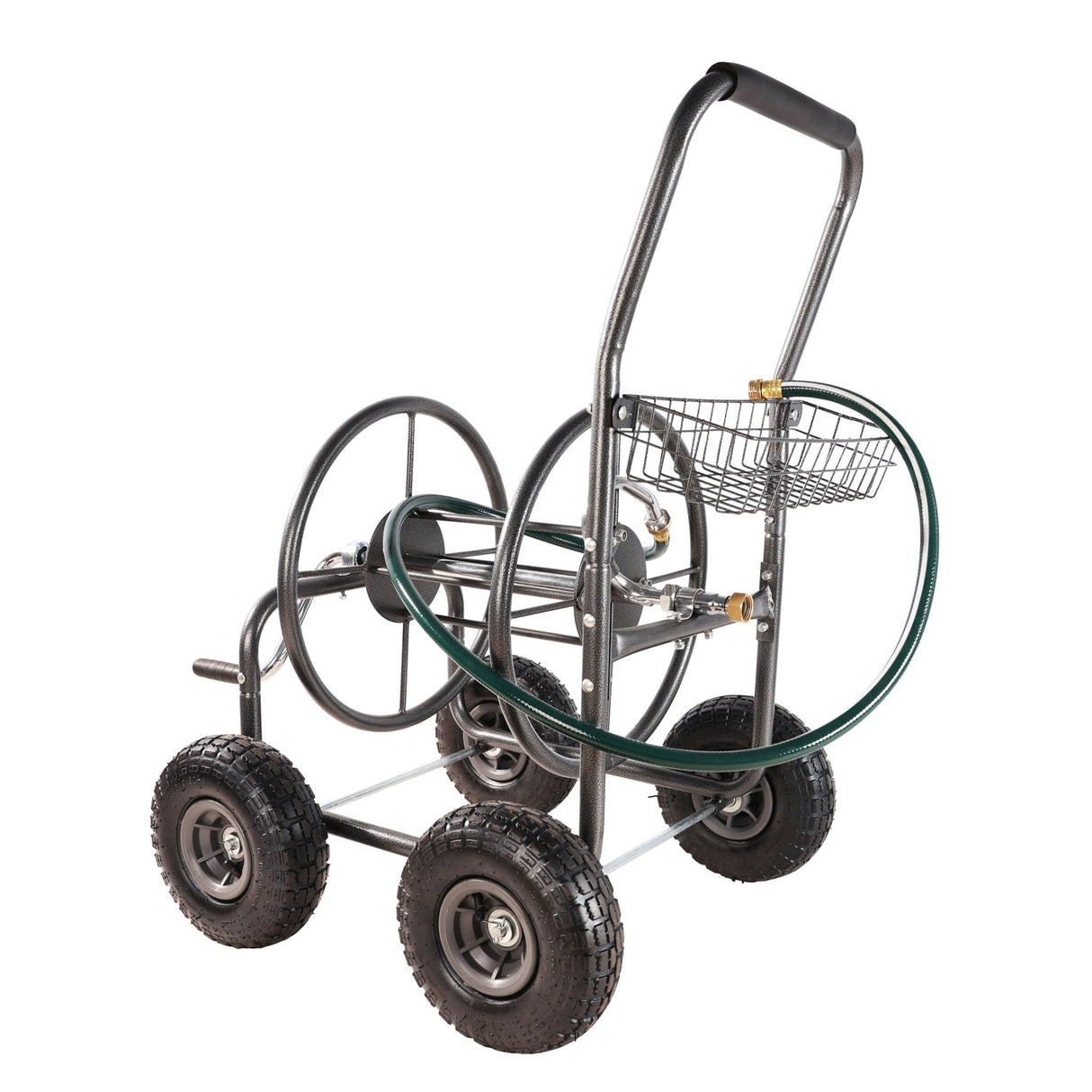 4 Wheels Portable Water Hose Reel Cart with Storage Basket Heavy Duty Steel - Fab Heavy Parts
