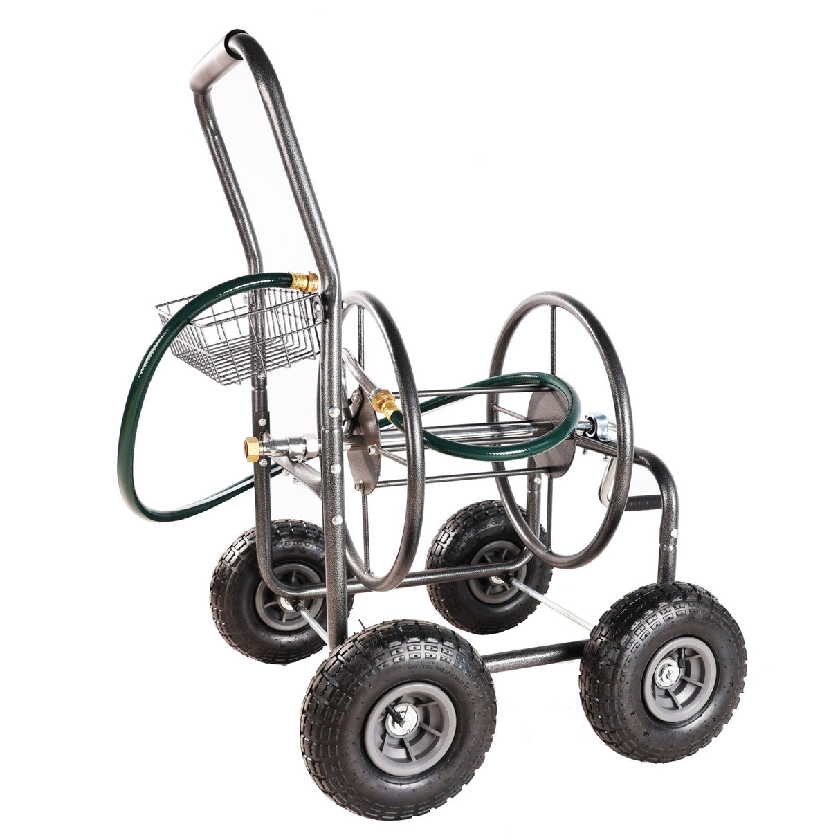 4 Wheels Portable Water Hose Reel Cart with Storage Basket Heavy Duty Steel - Fab Heavy Parts