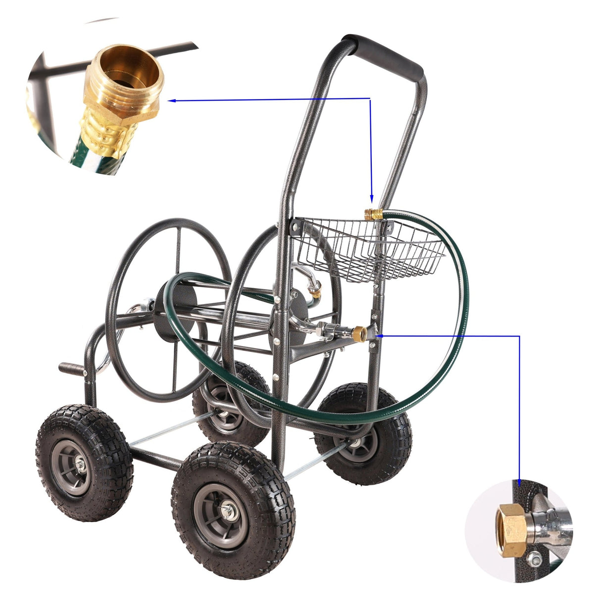4 Wheels Portable Water Hose Reel Cart with Storage Basket Heavy Duty Steel - Fab Heavy Parts