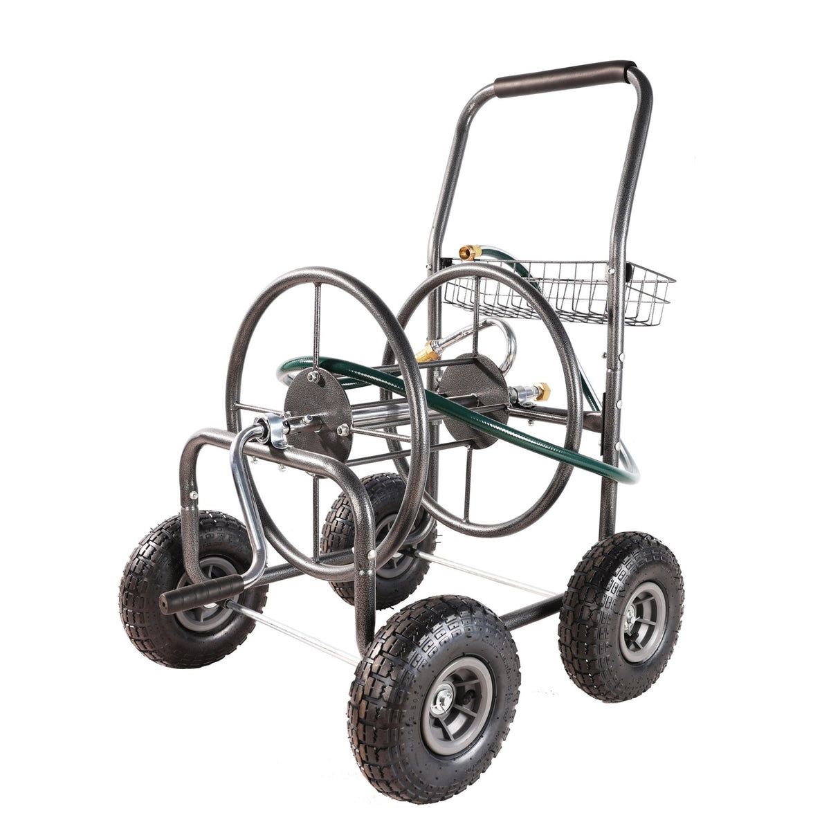 4 Wheels Portable Water Hose Reel Cart with Storage Basket Heavy Duty Steel - Fab Heavy Parts