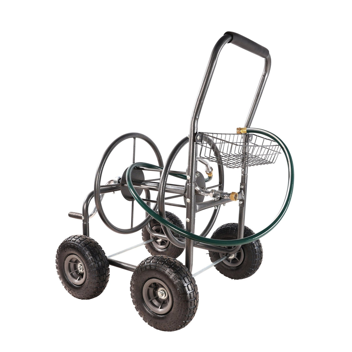 4 Wheels Portable Water Hose Reel Cart with Storage Basket Heavy Duty Steel - Fab Heavy Parts