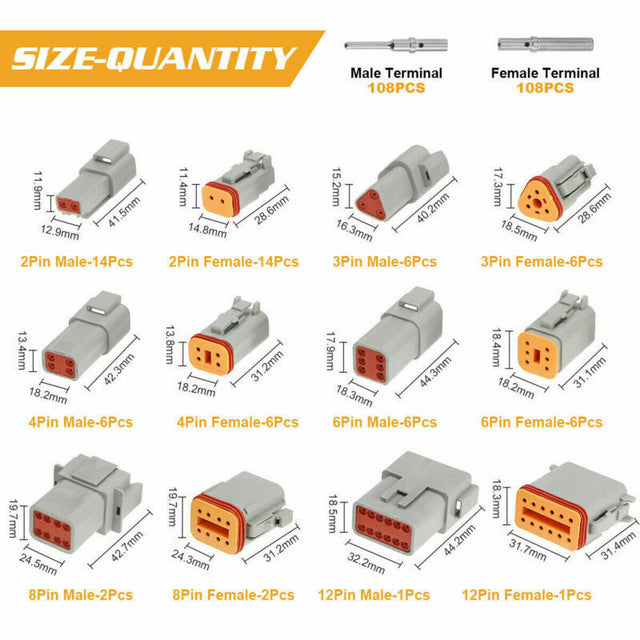 400 Piece Deutsch DT Connector Plug Kit for 14-16 AWG Stamped Contacts Kit