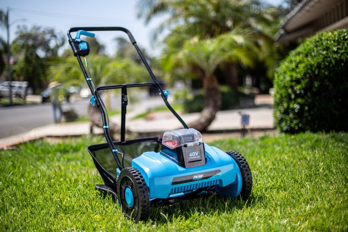 40V Reel Mower 16' Cutting Path 0.6 - 2.15” Cutting Height - Black+Blue - Fab Heavy Parts