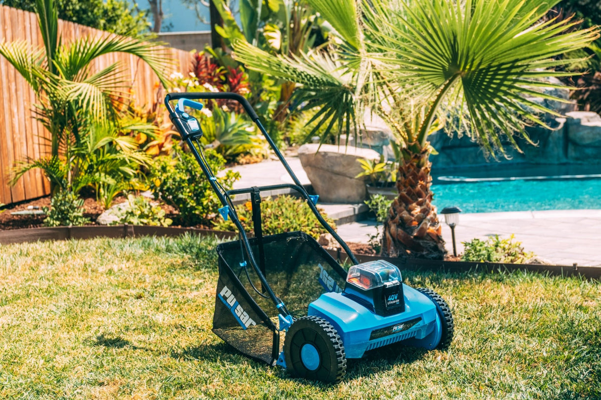 40V Reel Mower 16' Cutting Path 0.6 - 2.15” Cutting Height - Black+Blue - Fab Heavy Parts