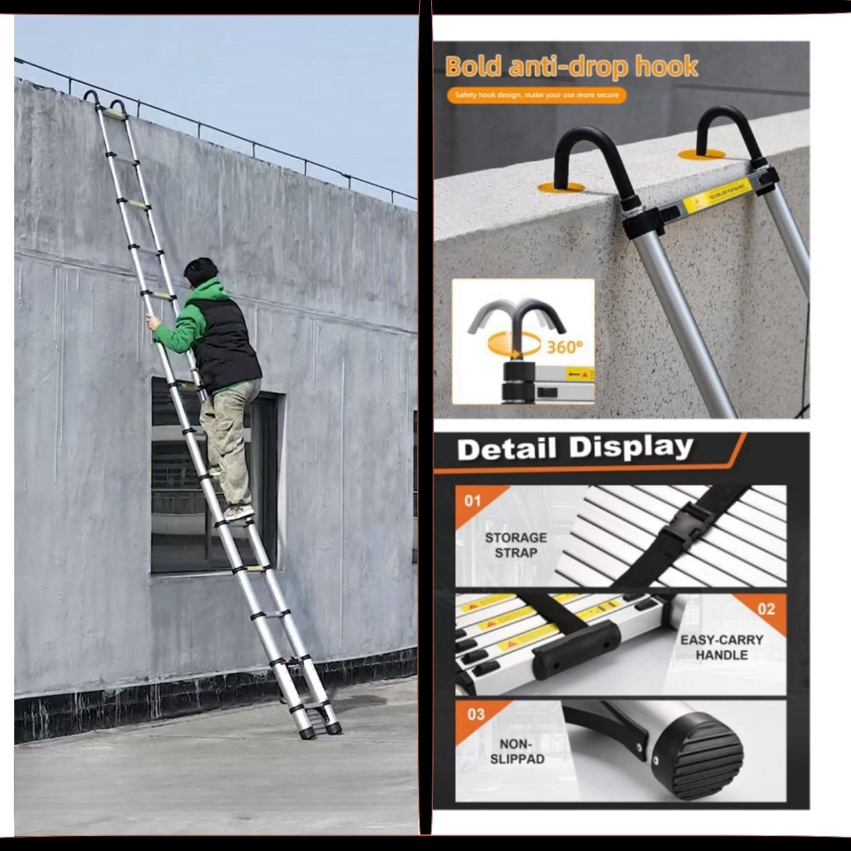 4.1 - Meter Telescopic Ladder Aluminum Non Slip Feet Maximum Capacity of 300 Lbs - Fab Heavy Parts