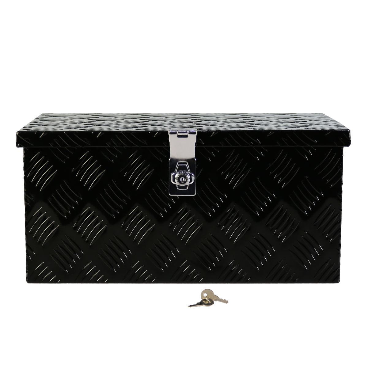 Caja de herramientas plana y larga de aluminio negro para camión de 20 pulgadas, con banda de rodadura de 5 barras, cerradura, manija lateral y llaves 20.1"×11.8"×9.3"