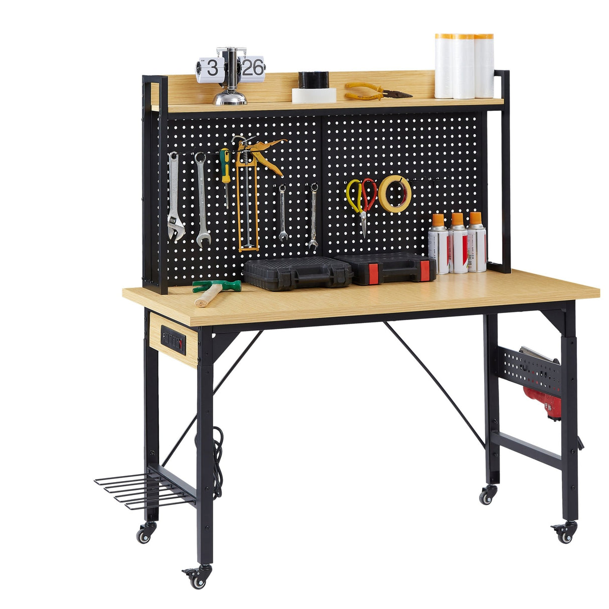48'' Adjustable Wooden Workbench with Pegboard and Wheels with AC/USB Outlet Hooks Shelf Heavy Duty 1600 lb. Capacity - Fab Heavy Parts