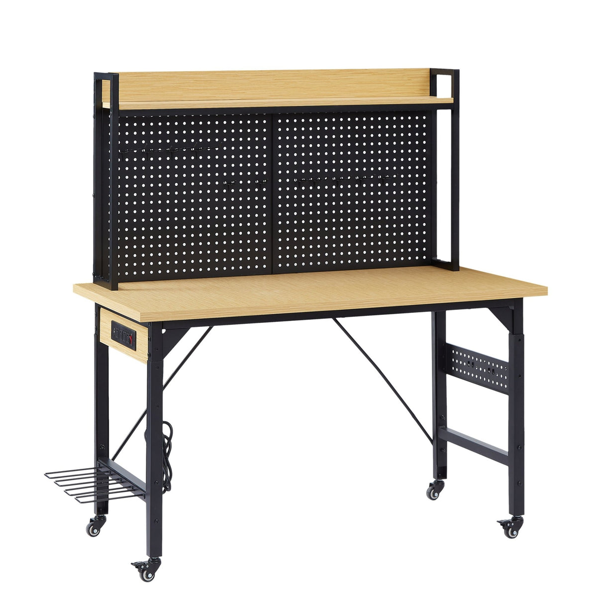 48'' Adjustable Wooden Workbench with Pegboard and Wheels with AC/USB Outlet Hooks Shelf Heavy Duty 1600 lb. Capacity - Fab Heavy Parts