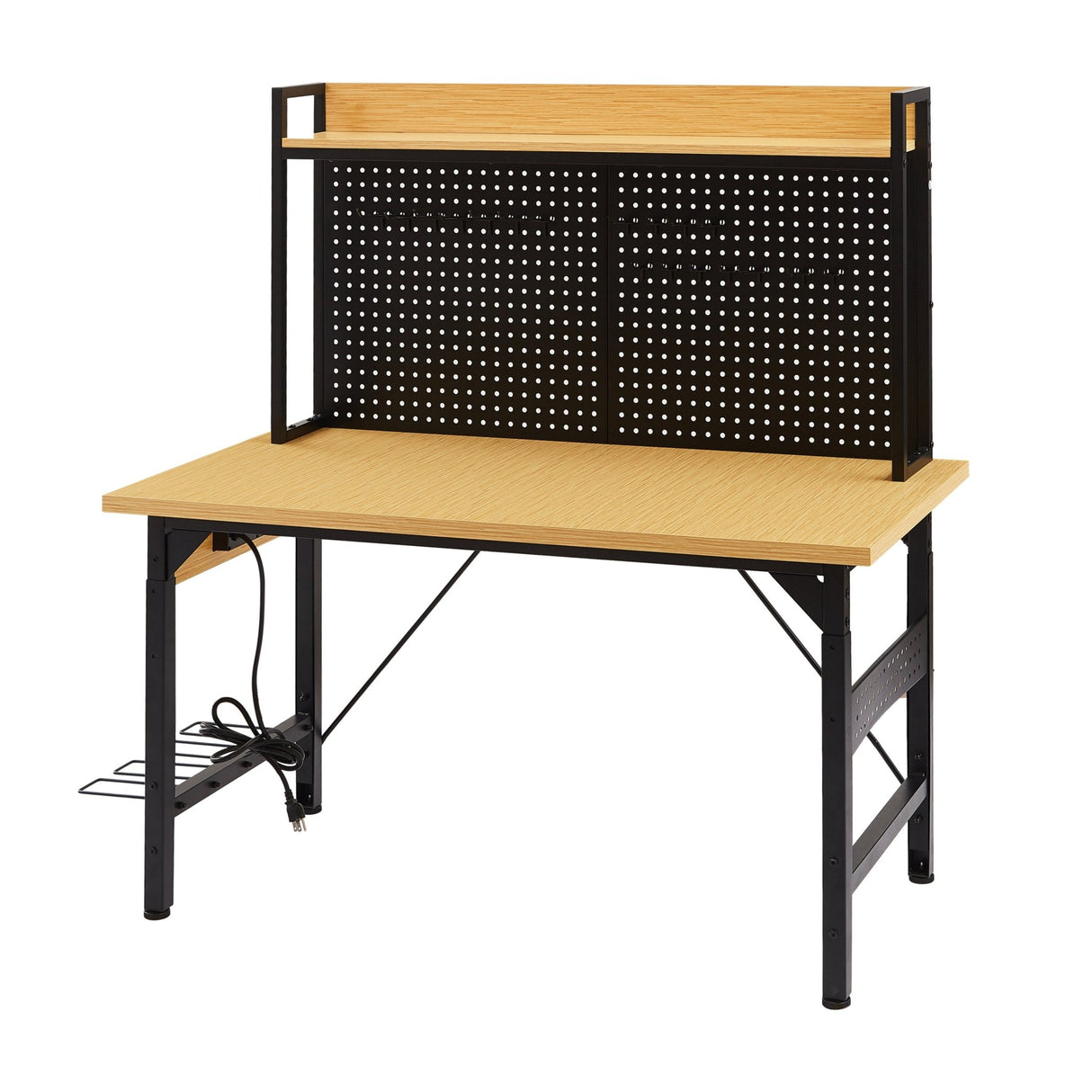 48'' Adjustable Wooden Workbench with Pegboard and Wheels with AC/USB Outlet Hooks Shelf Heavy Duty 1600 lb. Capacity - Fab Heavy Parts