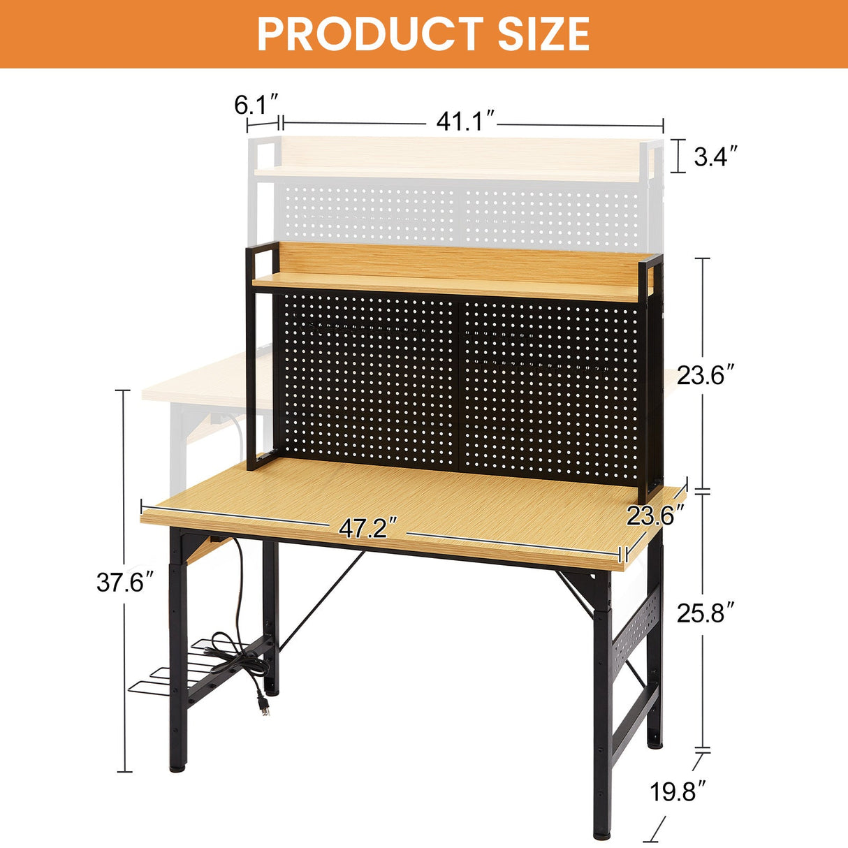 48'' Adjustable Wooden Workbench with Pegboard and Wheels with AC/USB Outlet Hooks Shelf Heavy Duty 1600 lb. Capacity - Fab Heavy Parts