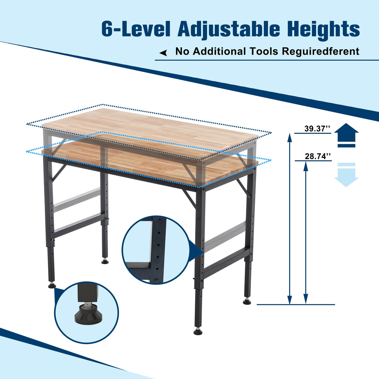 48' Heavy - Duty Adjustable Workbench Wood W/Rubber Pads 2000 Lbs Capacity - Fab Heavy Parts