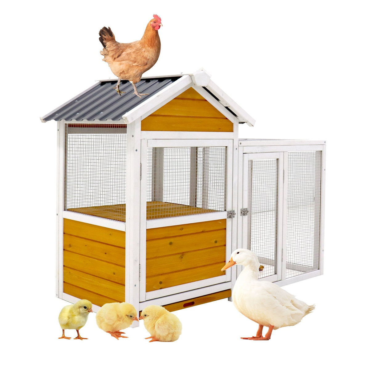 48" Large Wooden Chicken Coop with Nest Box Waterproof PVC Board - Yellow Brown - Fab Heavy Parts