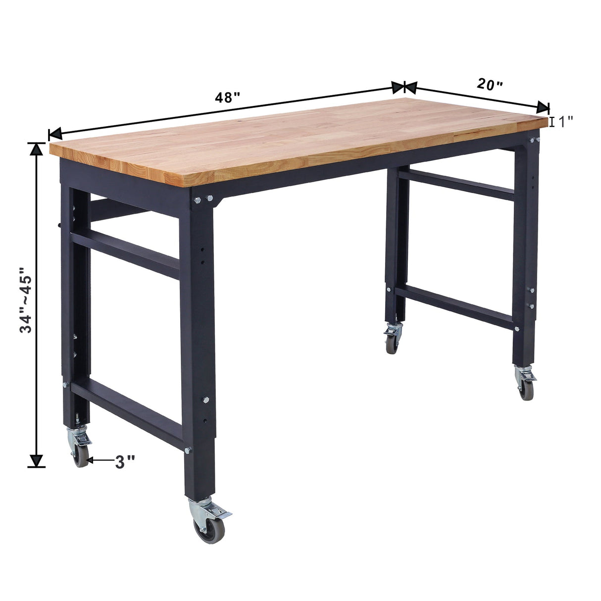 48' Wide Rolling Workbench Adjustable Height Metal with Rubber Wood Top - Fab Heavy Parts