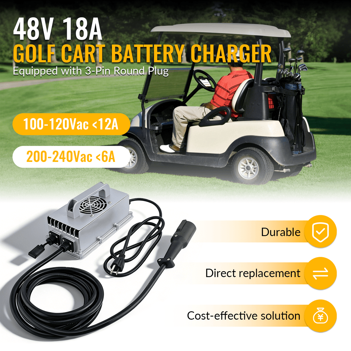48V 18A Golf Cart Battery Charger with 3 - Pin Round Plug for Lead - Acid Batteries Fits for Club Car - Fab Heavy Parts