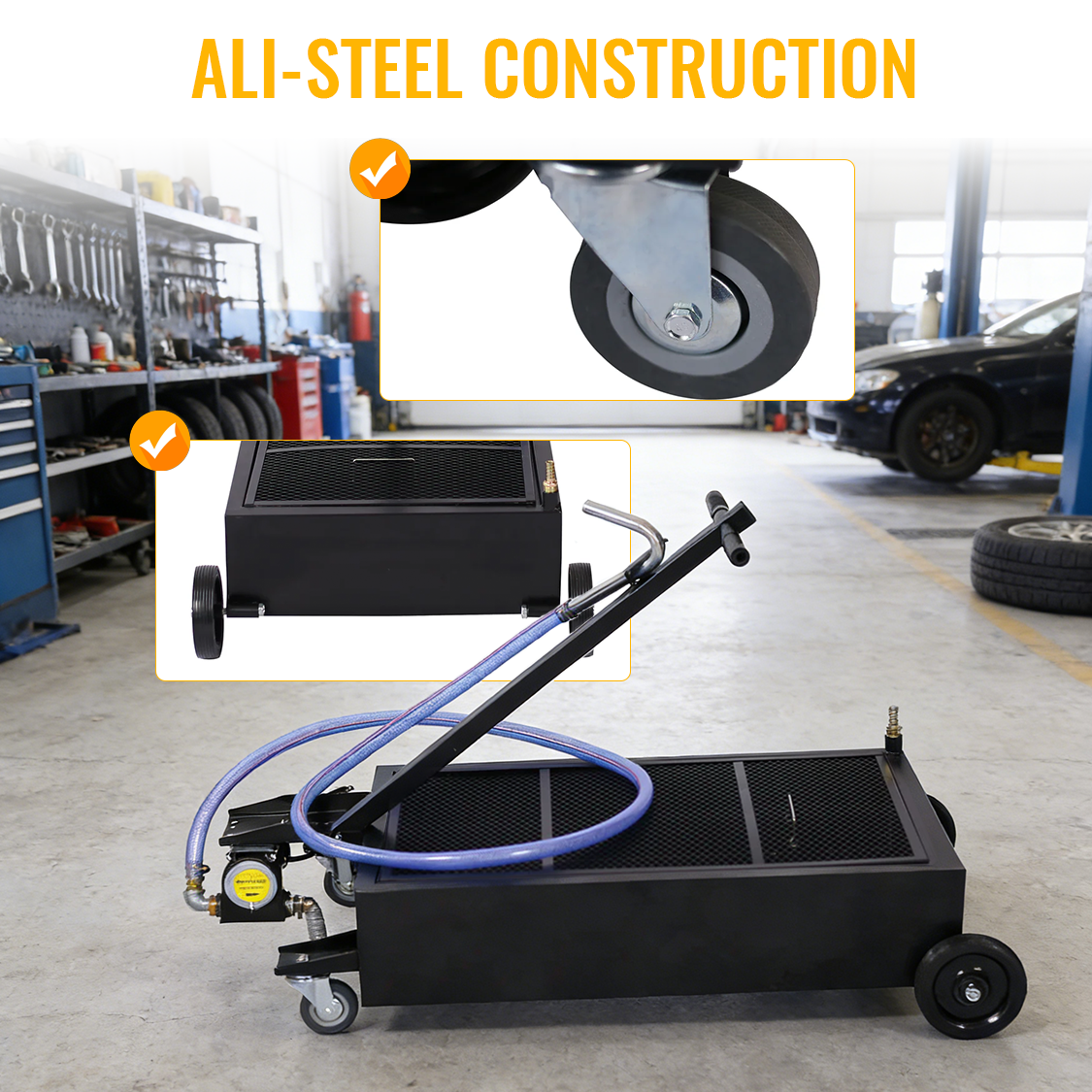 25 Gallon Low Profile Oil Drain Pan with Electric Pump--Black