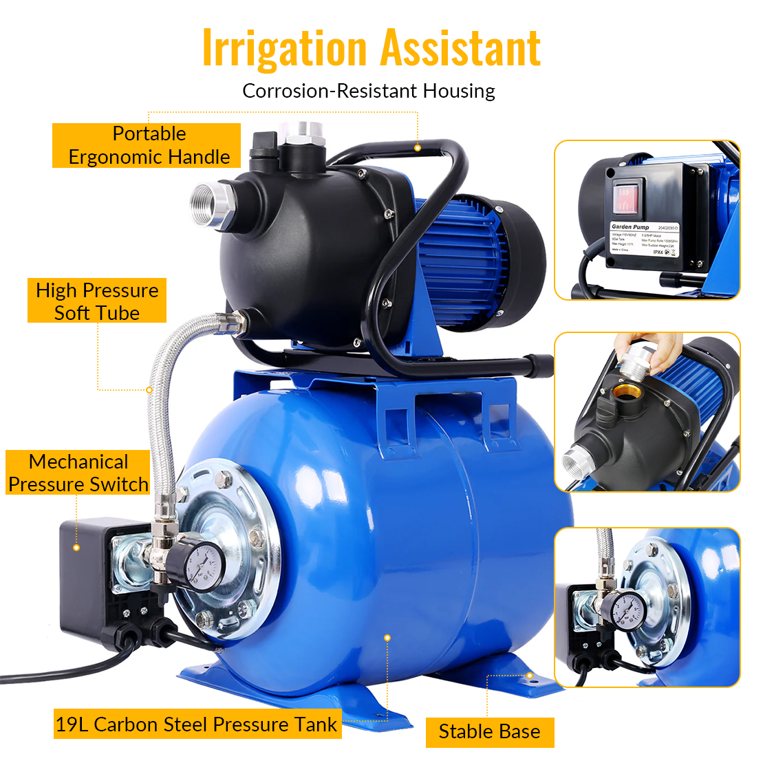 1.6HP Shallow Well Pump with Pressure Tank Automatic Booster Pump--Blue