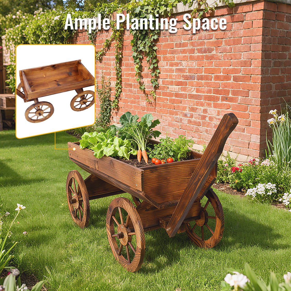 Wood Wagon Flower Planter Pot Stand w/ wheels-茶色