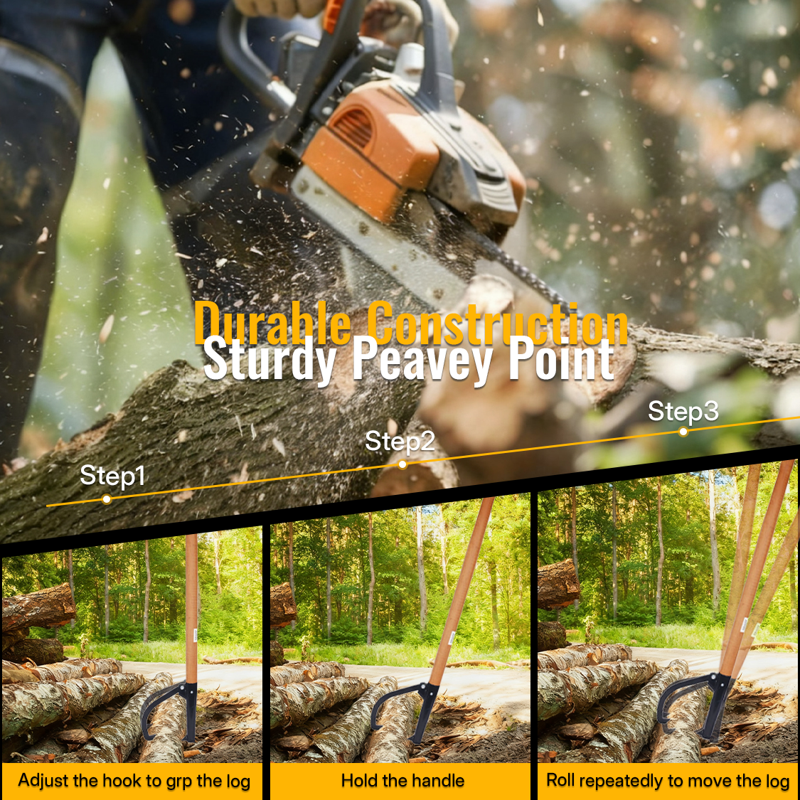 Log Peavy Cant Hook 48" Peavey Point Logging Tool Roller 15in Opening Black