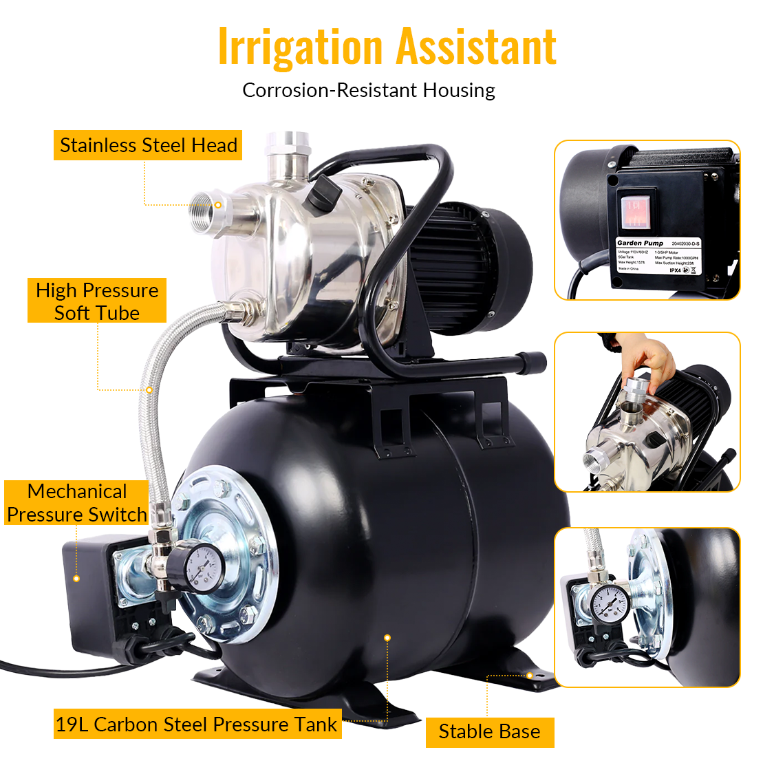 1.6HP Shallow Well Pump with Pressure Tank Garden Water Pump Irrigation Pump Automatic Stainless Steel Head