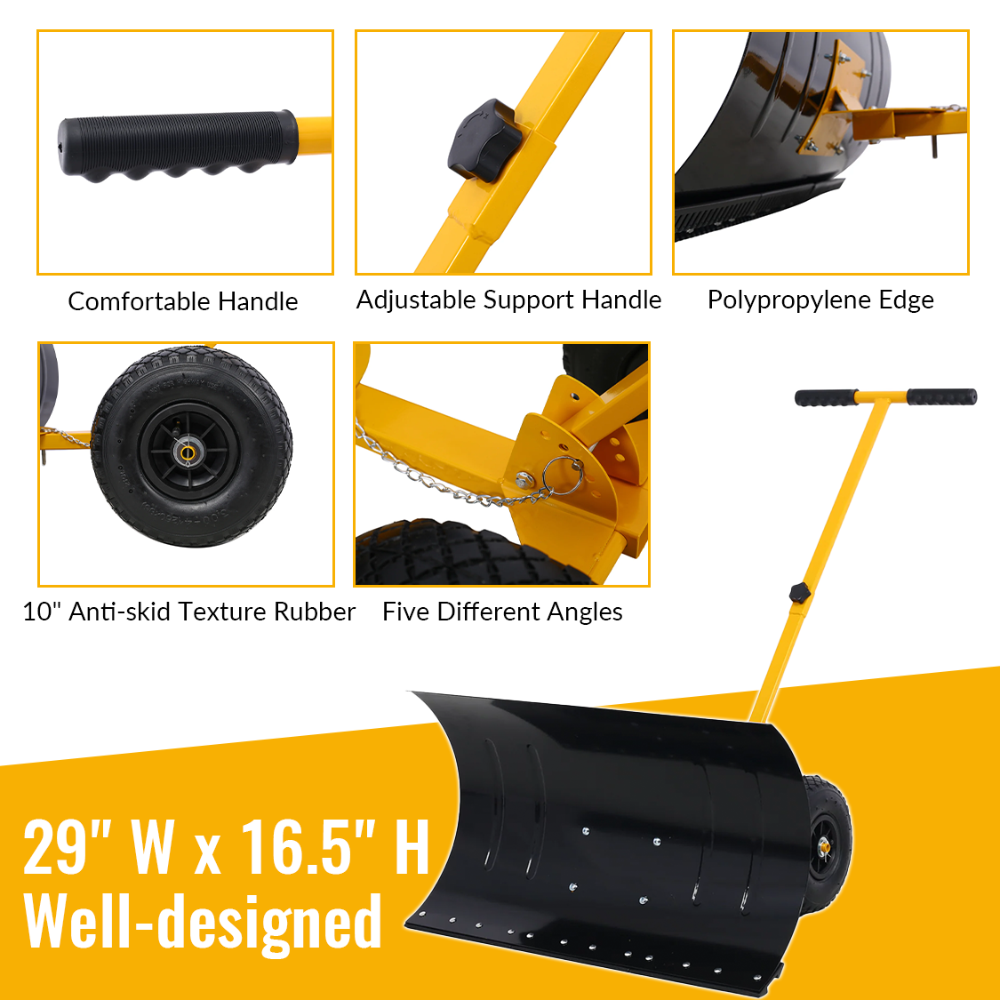 Snow Shovel with Wheels Cushioned Adjustable Angle Handle 29" Blade 10" Wheels--Yellow