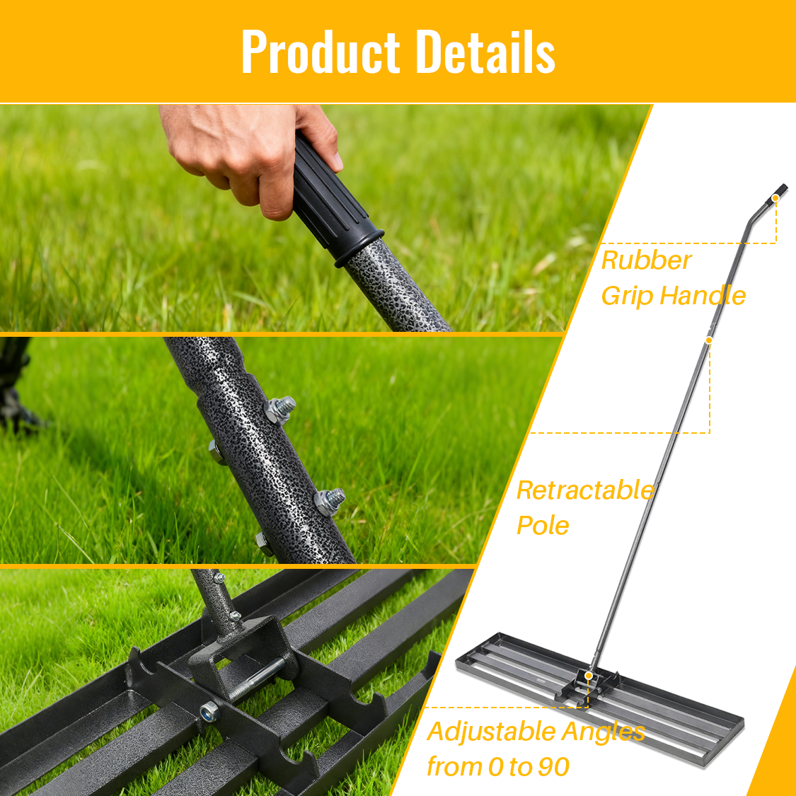 Lawn Leveling Rake Tool 48"x10" Heavy Duty Effort Saving 7FT Steel Handle