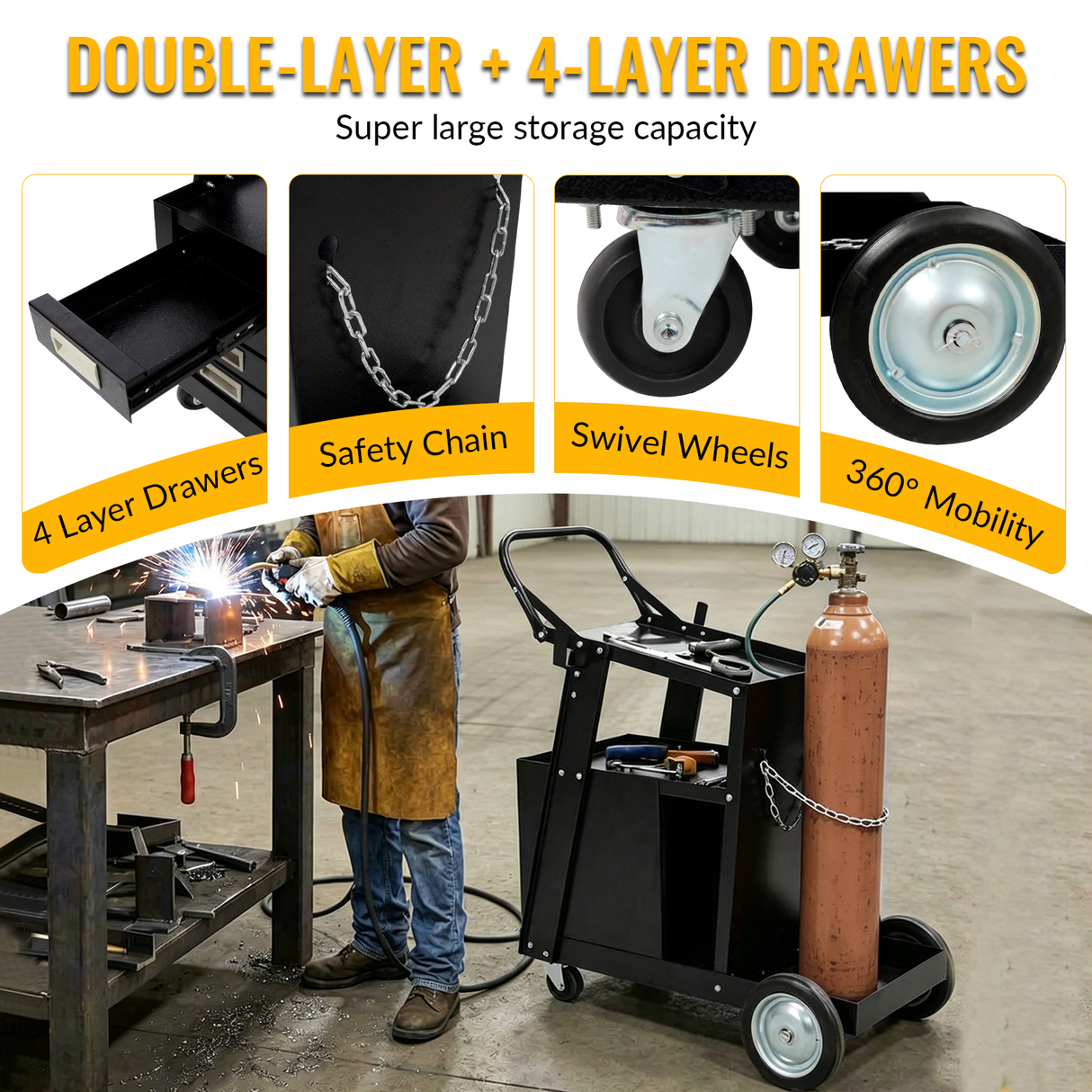Heavy Duty 2-Tier 4 Drawers Rolling Welding Cart Portable Welder Storage Trolley with Wheels for MIG TIG ARC Welder Plasma Cutter and Welding Accessories