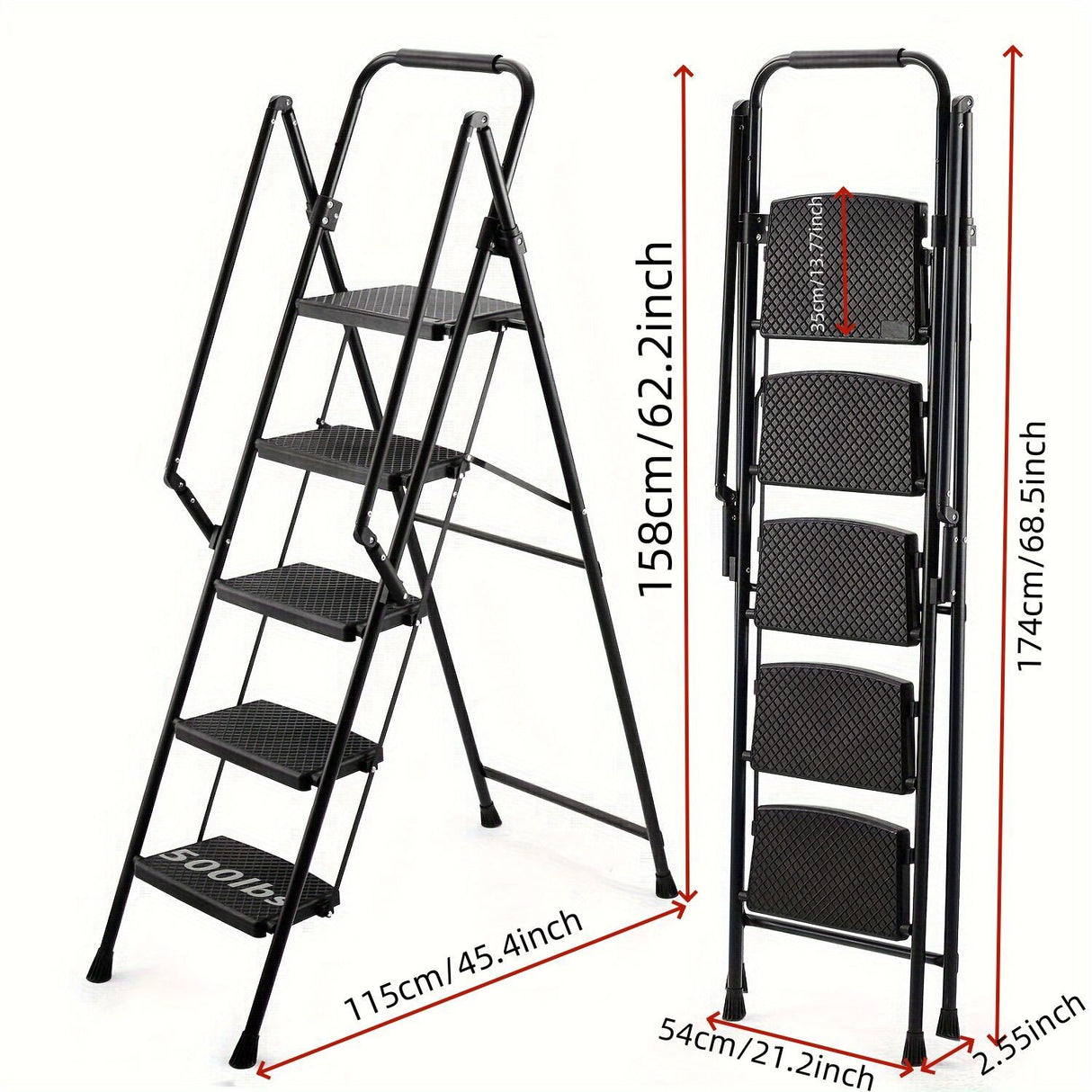 5-Step Ladder Folding Stool with Anti Slip Wide Pedals 300 Lbs Capacity Portable Steel--Black