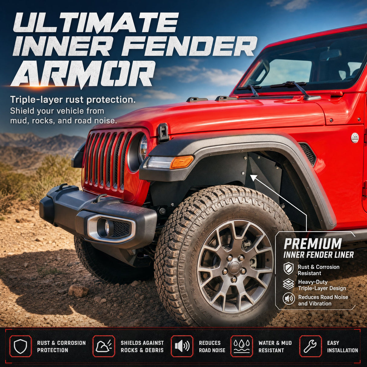 4PCS Black Front & Rear Inner Fender Liners Compatible with 2007-2018 Jeep Wrangler JK & JKU Unlimited (2/4 Doors) Steel Fenders Flares - Fab Heavy Parts