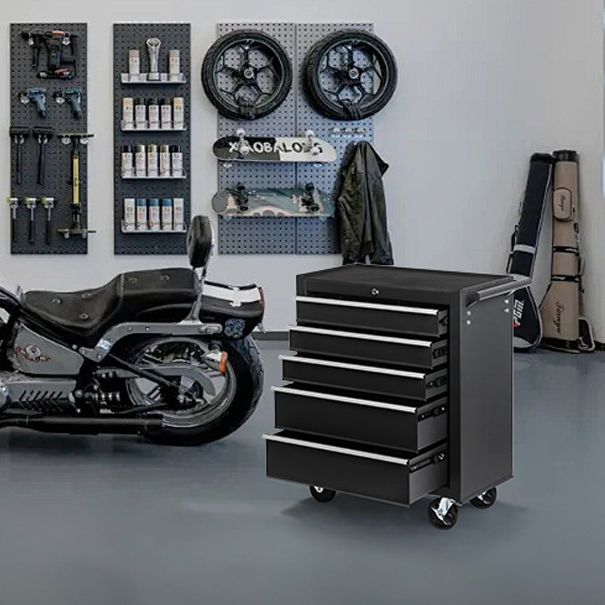 5 - Drawer Rolling Tool Chest w/Lock & Key Wheels Top Cushion & Drawer Liners - Black - Fab Heavy Parts