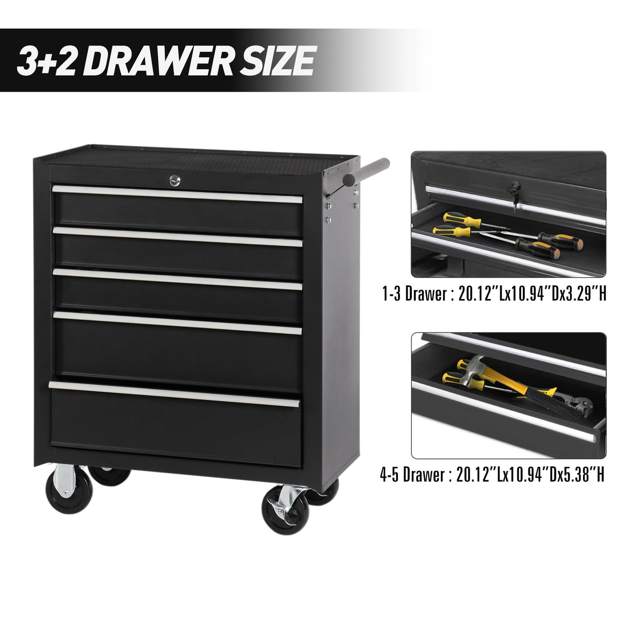 5 - Drawer Rolling Tool Chest w/Lock & Key Wheels Top Cushion & Drawer Liners - Black - Fab Heavy Parts