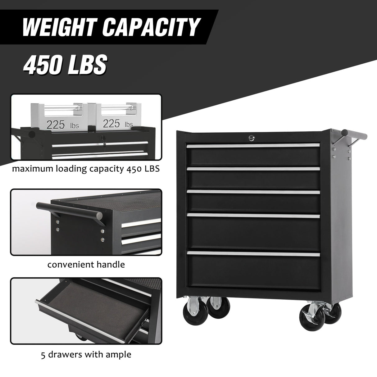 5 - Drawer Rolling Tool Chest w/Lock & Key Wheels Top Cushion & Drawer Liners - Black - Fab Heavy Parts