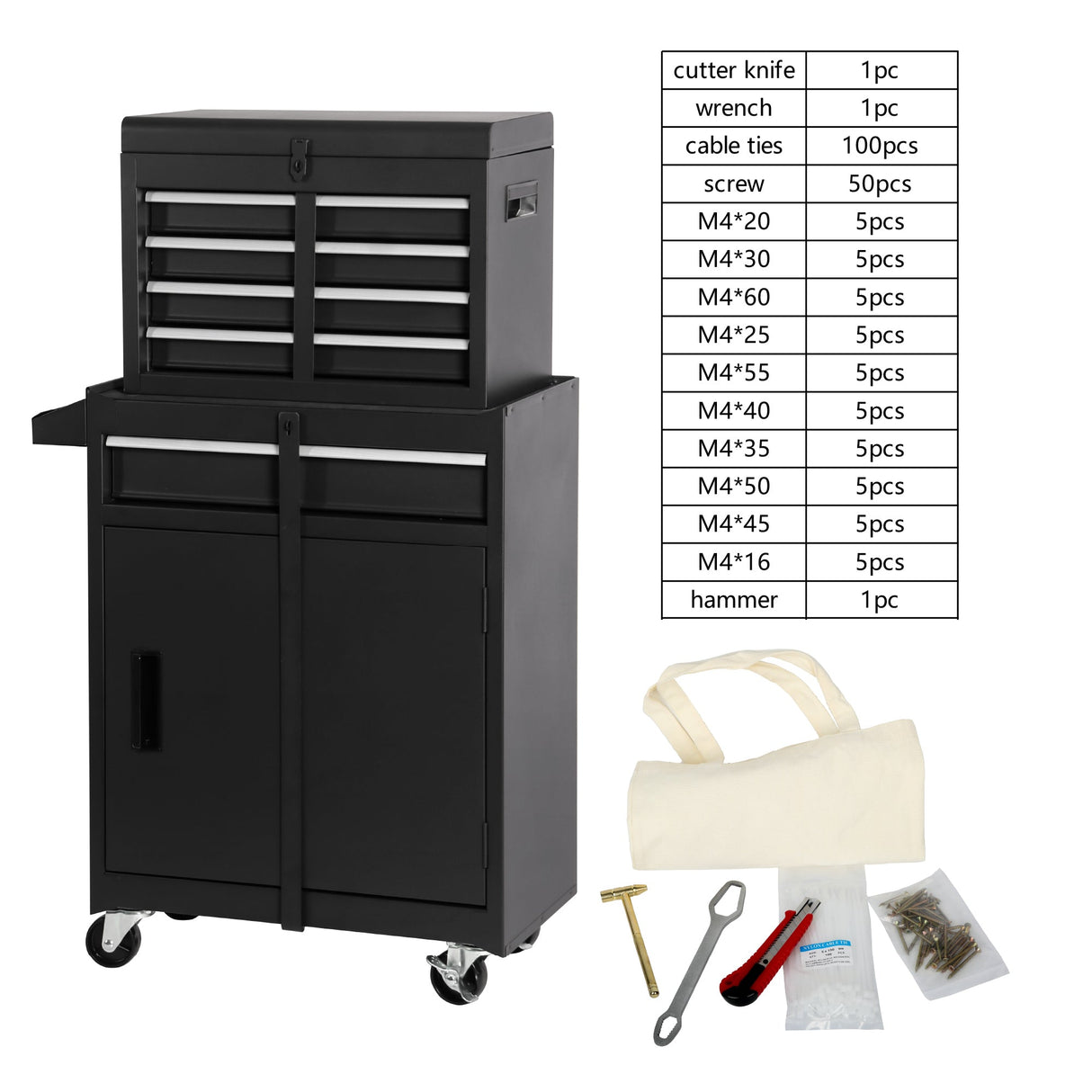 5 - Drawer Rolling Tool Storage Cabinet with 154pcs Tools Metal - Black - Fab Heavy Parts