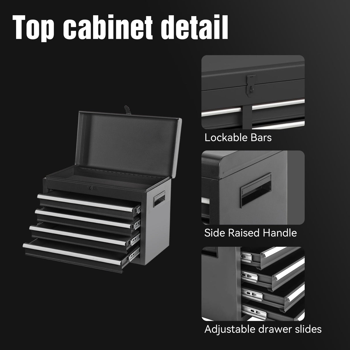 5 - Drawer Rolling Tool Storage Cabinet with Detachable Top Tool Box Liner Universal Lockable Wheels Adjustable Shelf Locking Mechanism - Black - Fab Heavy Parts