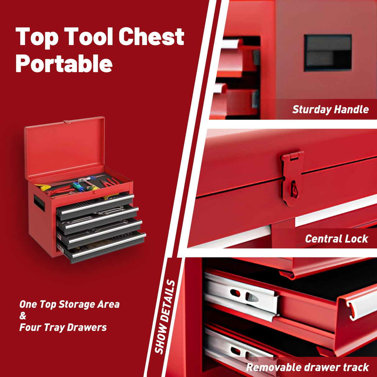 5 - Drawer Rolling Tool Storage Cabinet with Detachable Top Tool Box Liner Universal Lockable Wheels Adjustable Shelf Locking Mechanism - Red - Fab Heavy Parts