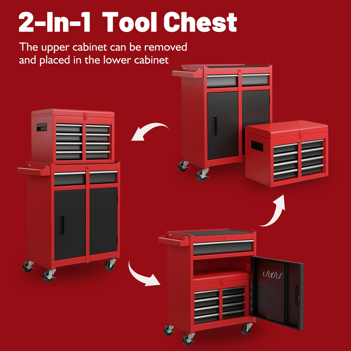 5 - Drawer Rolling Tool Storage Cabinet with Detachable Top Tool Box Liner Universal Lockable Wheels Adjustable Shelf Locking Mechanism - Red - Fab Heavy Parts