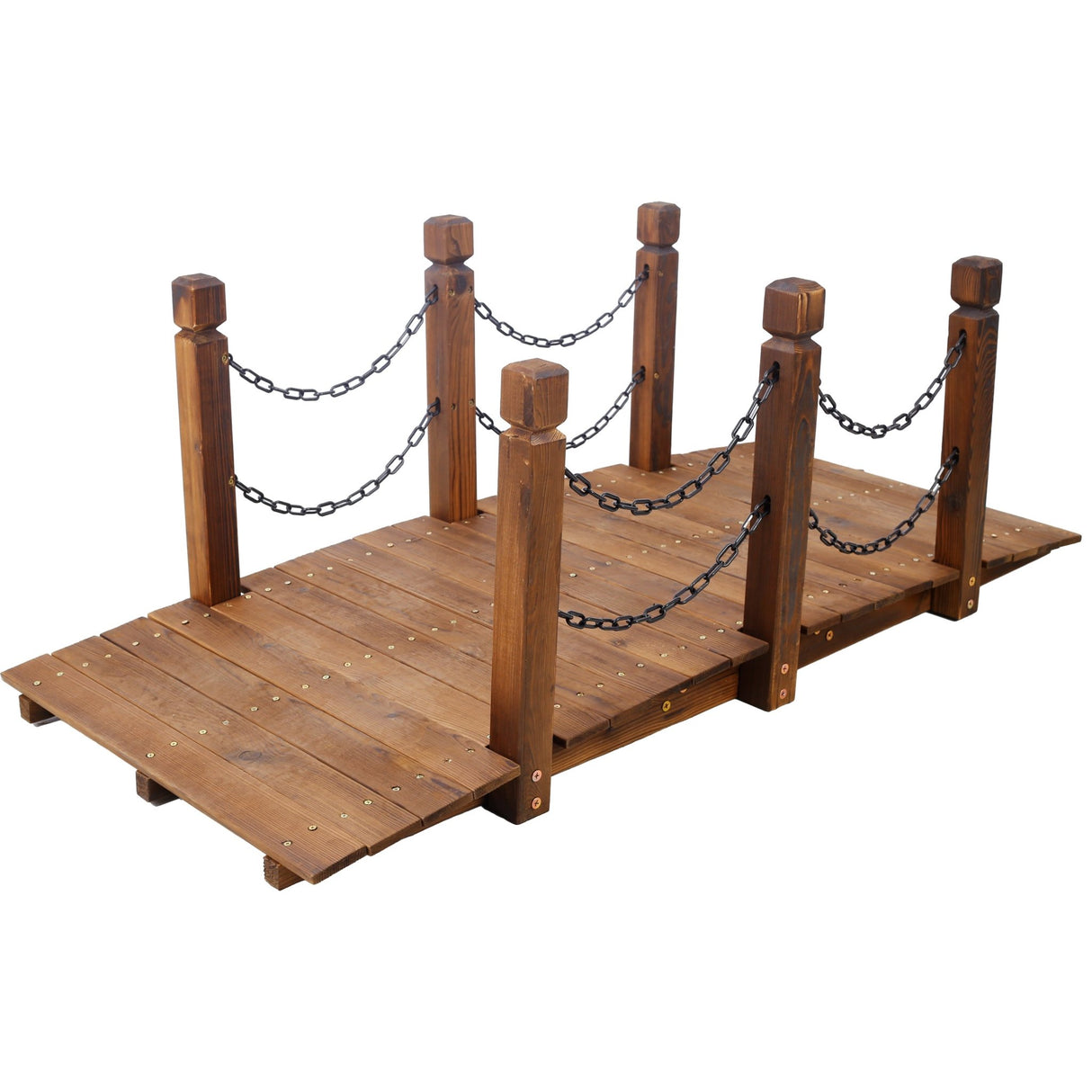 5 FT Wooden Garden Bridge Stained Wood Arc Footbridge with Chain Railings Easy to Assemble - Brown - Fab Heavy Parts