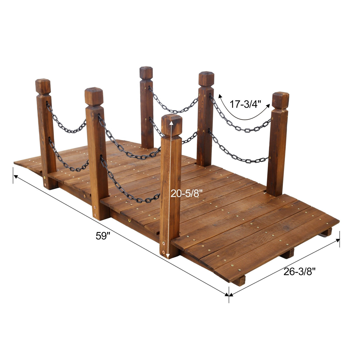 5 FT Wooden Garden Bridge Stained Wood Arc Footbridge with Chain Railings Easy to Assemble - Brown - Fab Heavy Parts