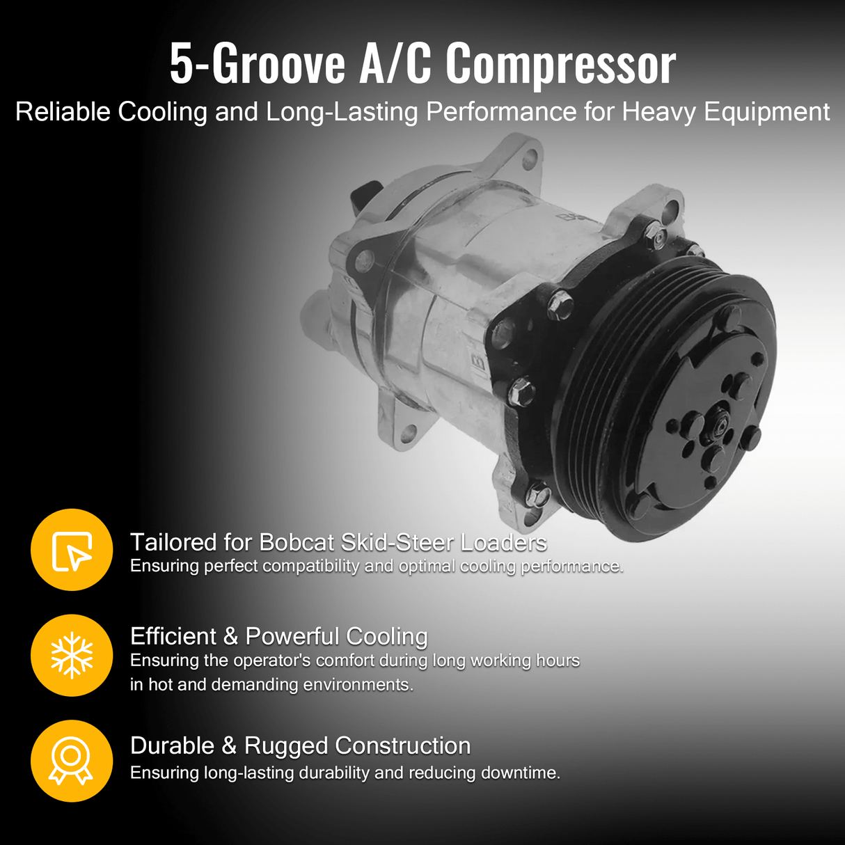 5 Groove A/C Compressor QP5H11 - 1812 Aftermarket Replacement For Bobcat S550 S570 S590 S595 T550 T590 T595 E50 - Fab Heavy Parts