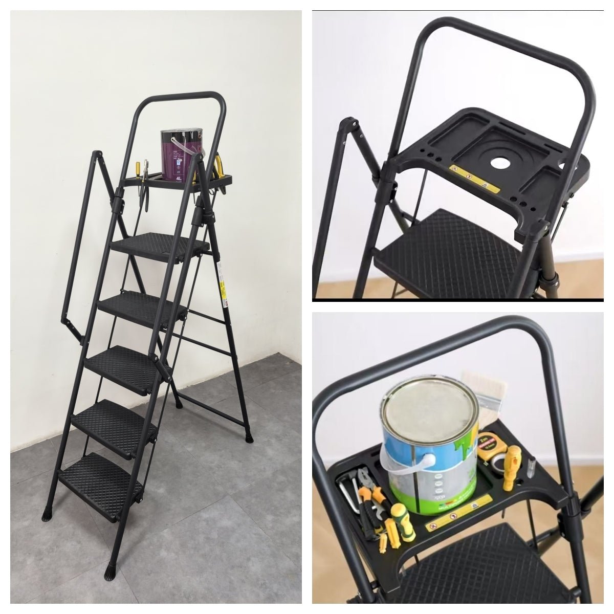 5 - Step Ladder Foldable Step Stool with Tool Tray and Wide Non Slip Pedals Sturdy Steel - Fab Heavy Parts