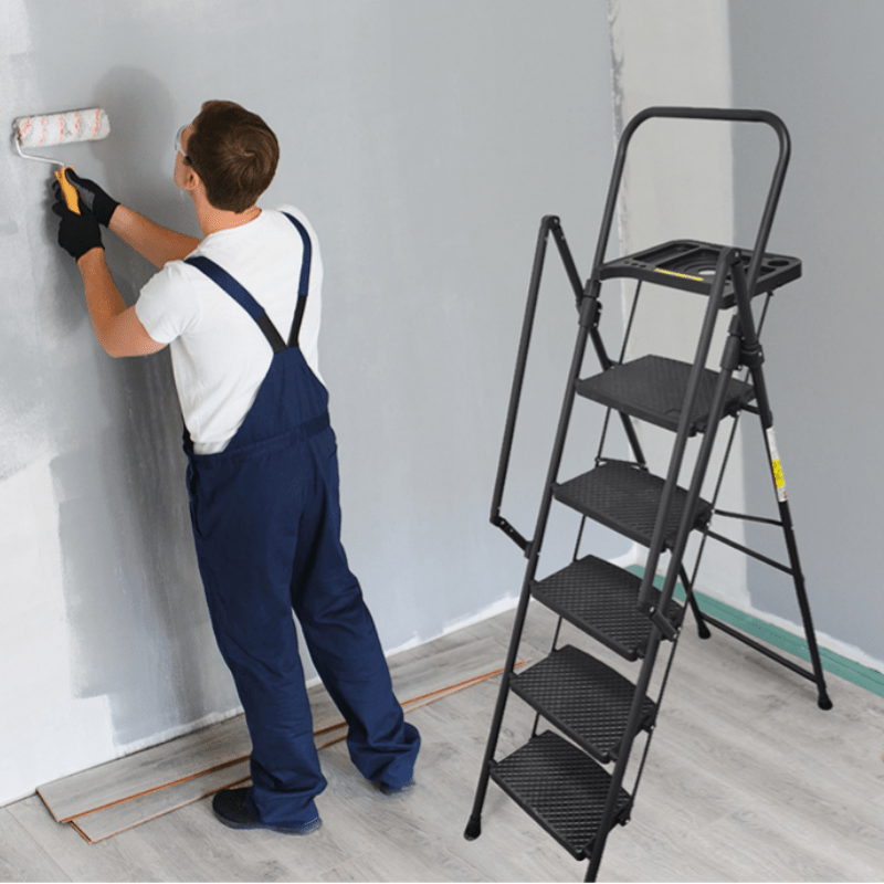 5 - Step Ladder Foldable Step Stool with Tool Tray and Wide Non Slip Pedals Sturdy Steel - Fab Heavy Parts