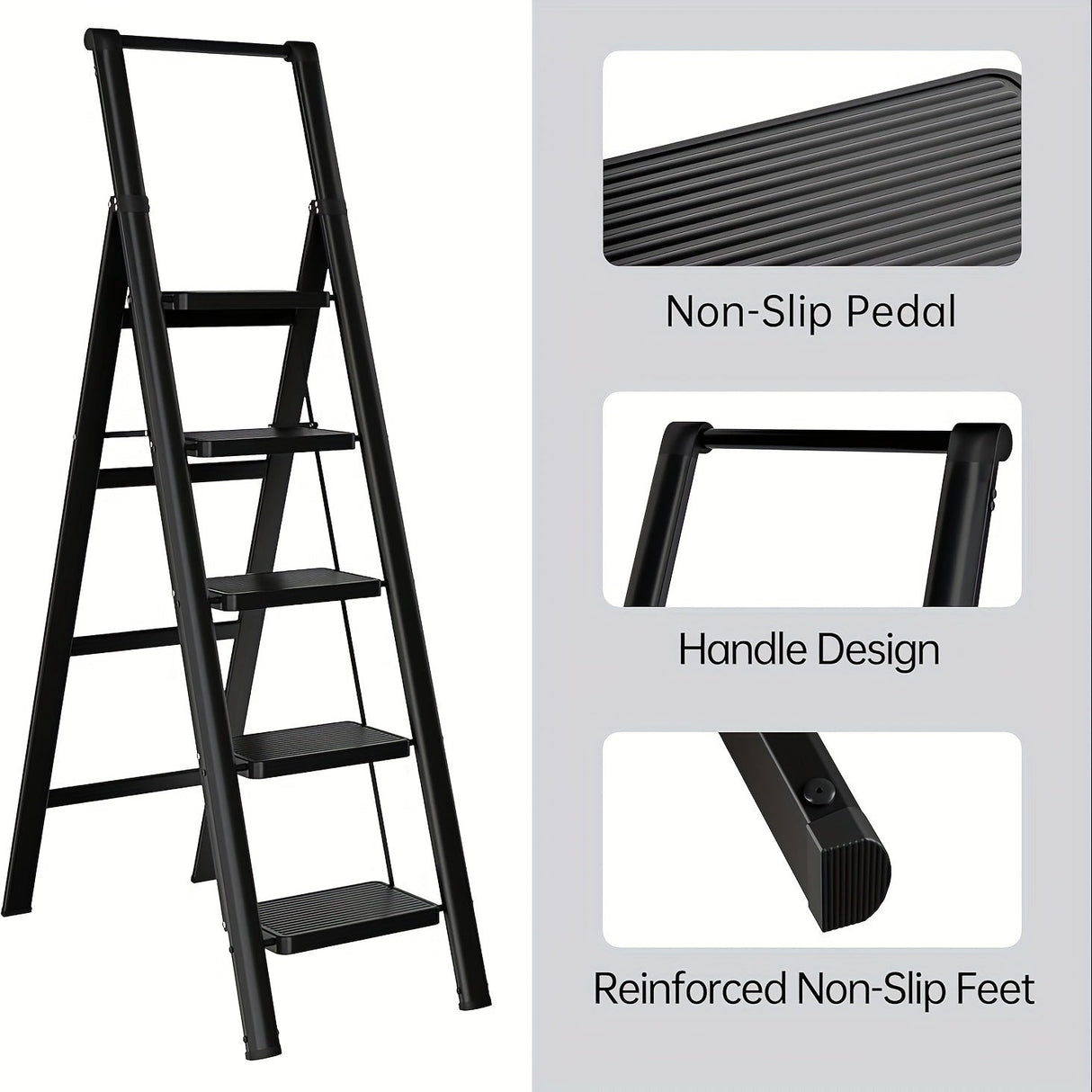 5 - Step Ladder Folding Step Stool with Anti Slip Wide Pedals - Black - Fab Heavy Parts