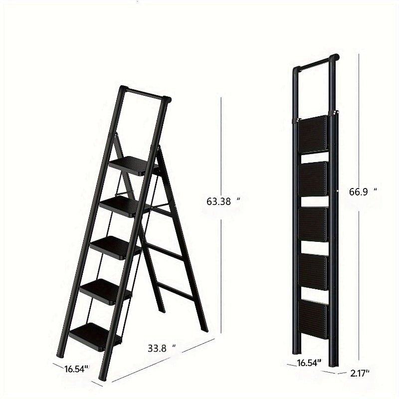 5 - Step Ladder Folding Step Stool with Anti Slip Wide Pedals - Black - Fab Heavy Parts