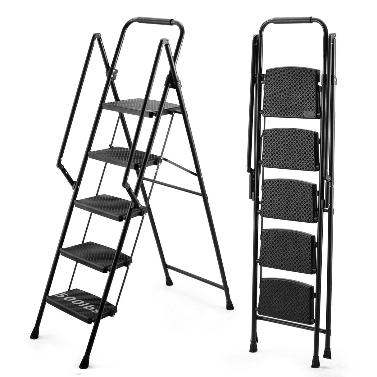 5 - Step Ladder Folding Stool with Anti Slip Wide Pedals 300 Lbs Capacity Portable Steel - Black - Fab Heavy Parts