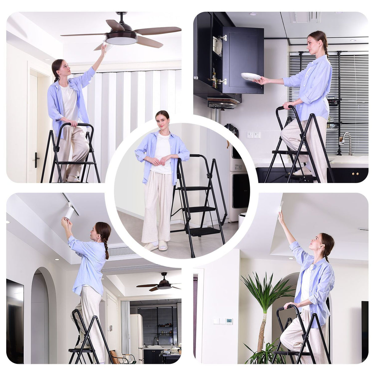 5 - Step Ladder Folding Stool with Anti Slip Wide Pedals 300 Lbs Capacity Portable Steel - Black - Fab Heavy Parts
