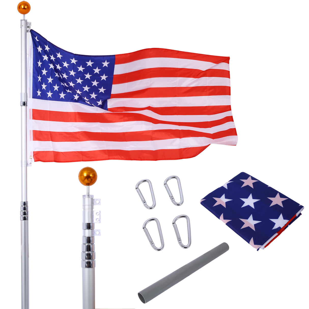 25FT Telescopic Sectional Flag Pole Kit Extra Thick Heavy Duty Aluminum Inground with Topper Balls