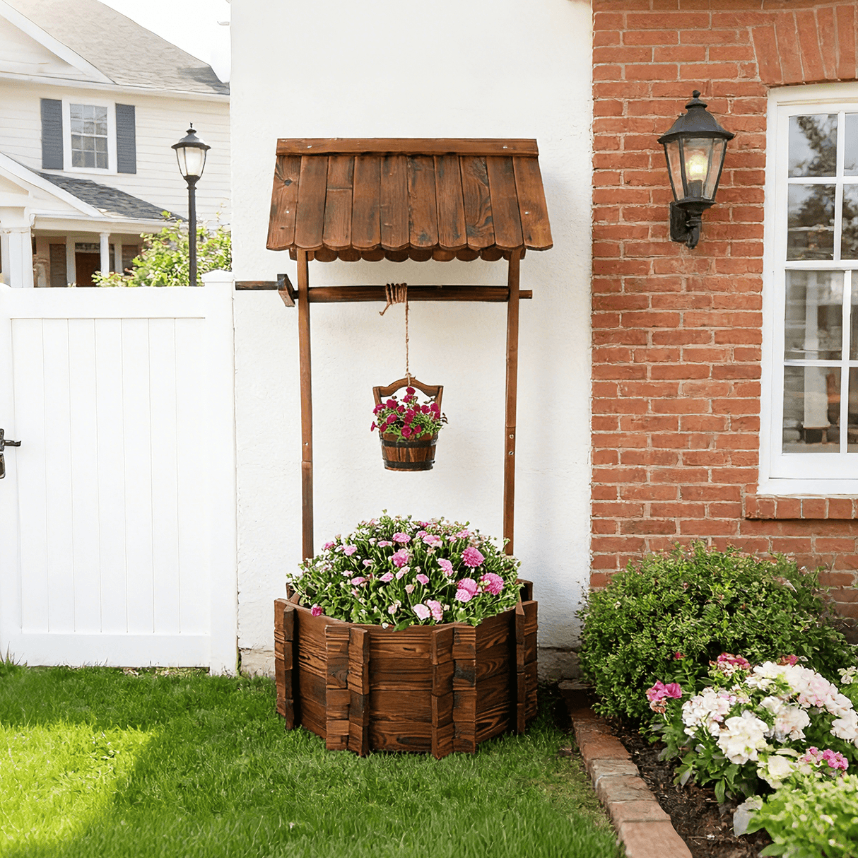 53 Inch Height Rustic Wooden Wishing Well Planter with Hanging Bucket - Brown - Fab Heavy Parts