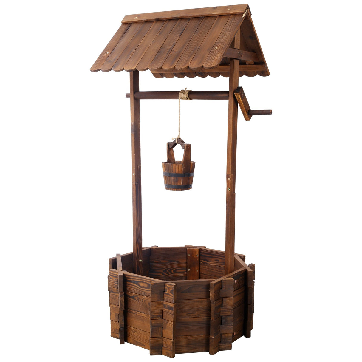 53 Inch Height Rustic Wooden Wishing Well Planter with Hanging Bucket - Brown - Fab Heavy Parts