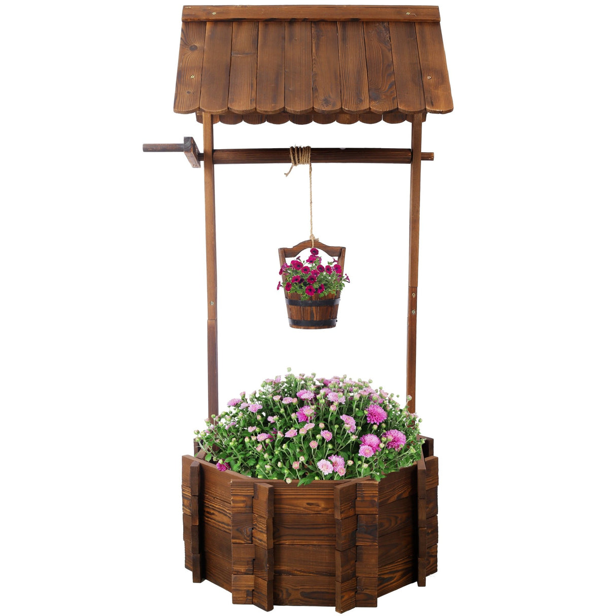 53 Inch Height Rustic Wooden Wishing Well Planter with Hanging Bucket - Brown - Fab Heavy Parts