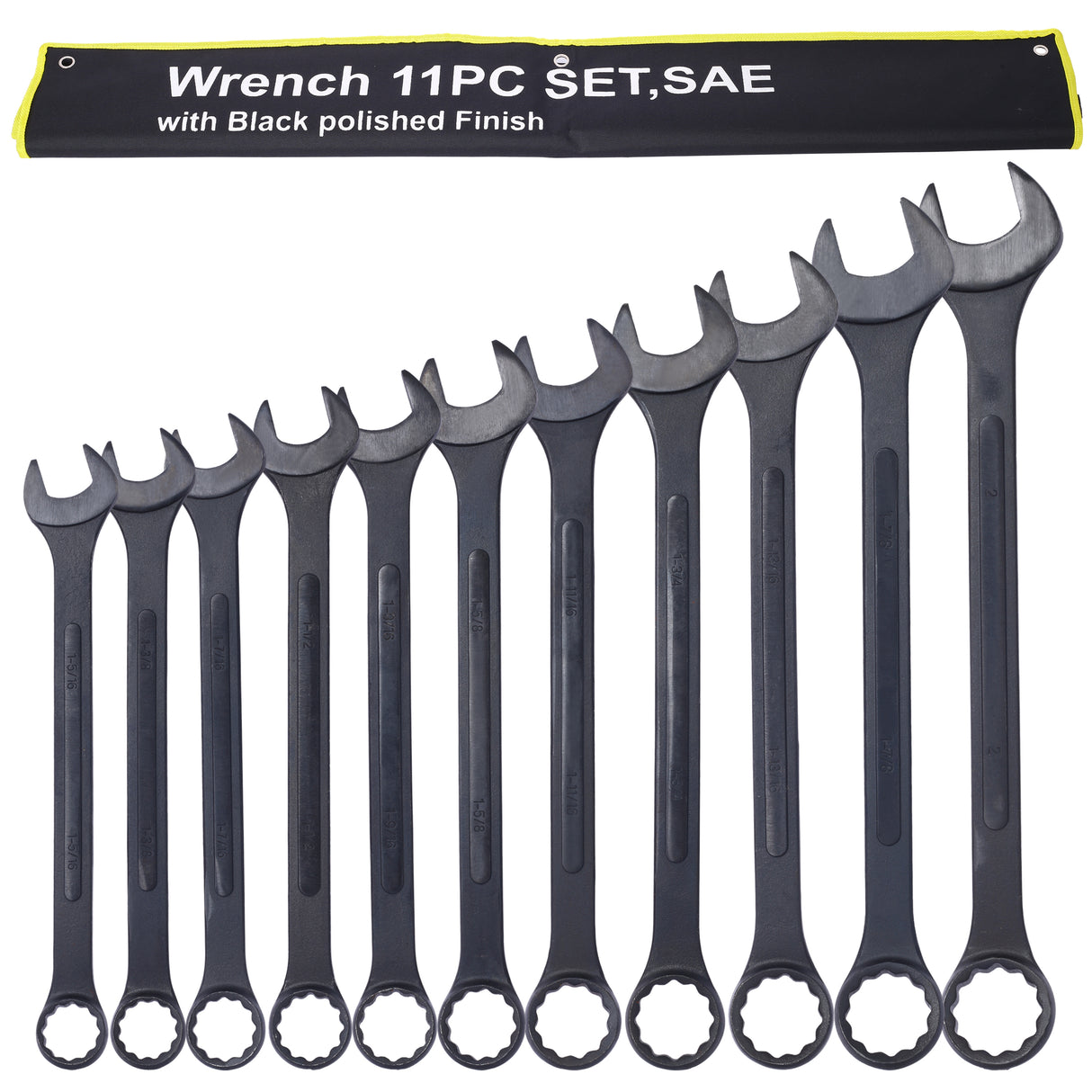 11 Piece Jumbo Combination Wrench Set SAE 1-5/16'' to 2'' Black Oxide with Pouch