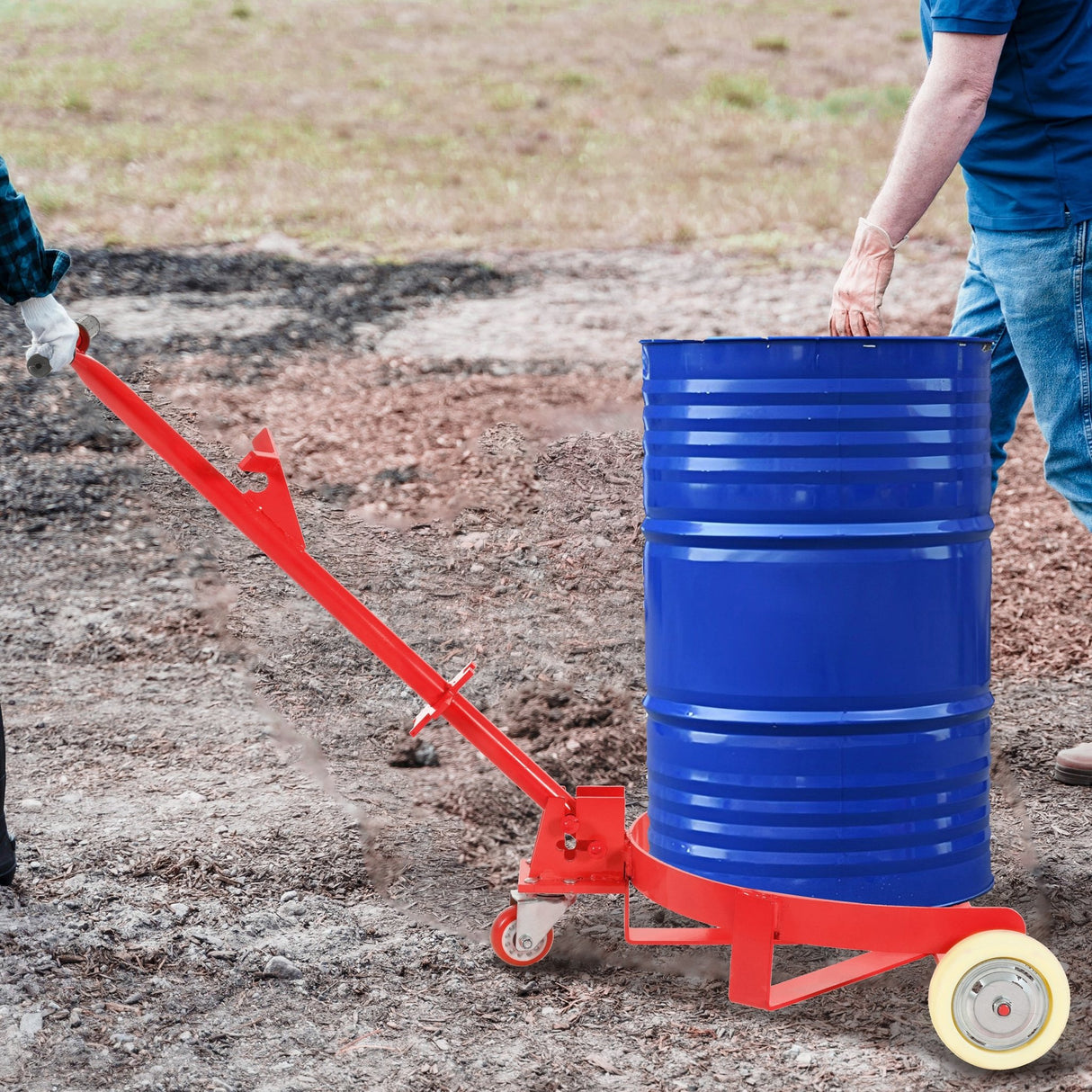 55 Gallon Drum Dolly with 2 Fixed PU Wheels and 1 Swivel Wheel 1200lbs Capacity - Red - Fab Heavy Parts
